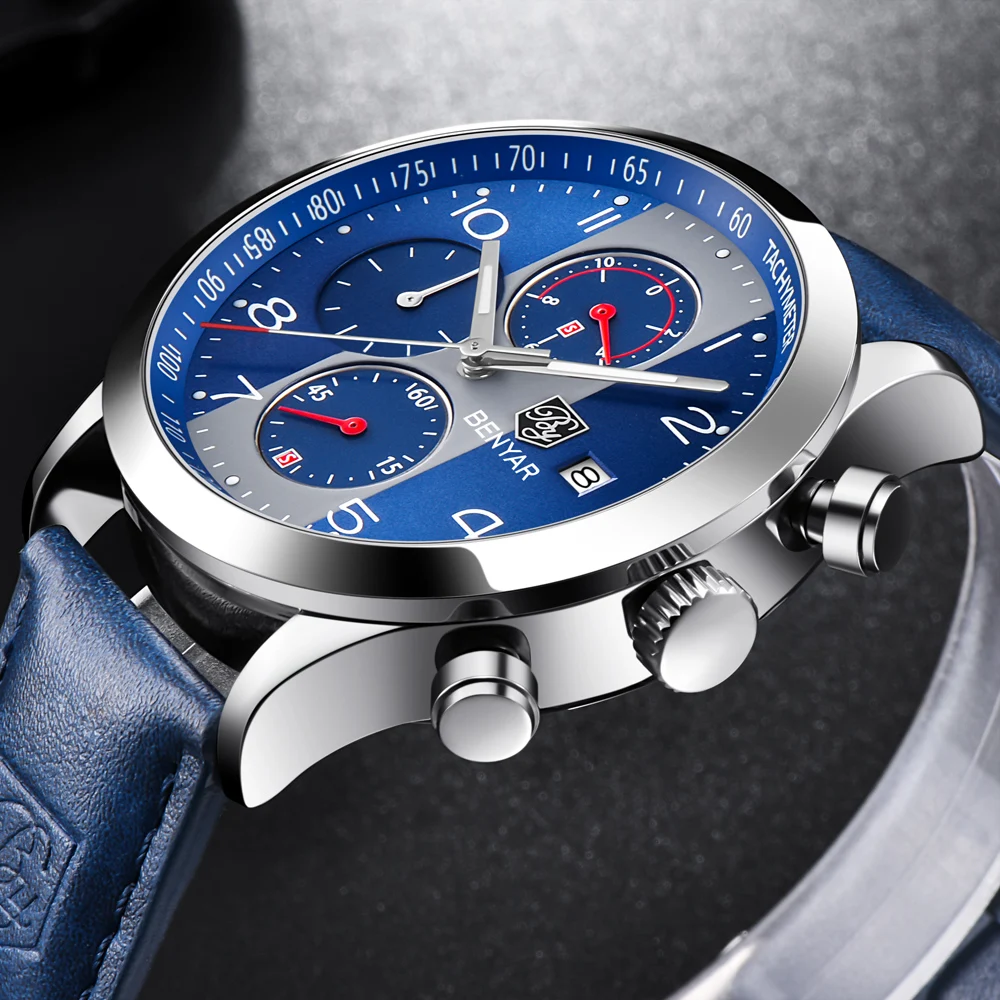

BENYAR New Fashion Chronograph Sport Watches Men Leather Strap Brand Quartz Blue Watch Clock Relogio Masculino Reloj Hombre