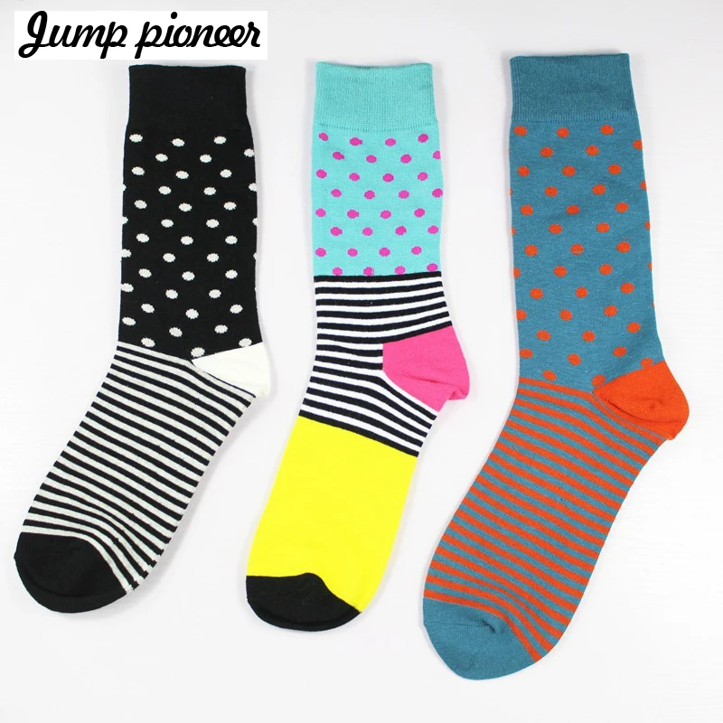 Jump Pioneer High Quality Mens Combed Cotton Socks Men's Casual Happy Fancy Socks Stripes Funny Cool Crew Socks Crazy Sox