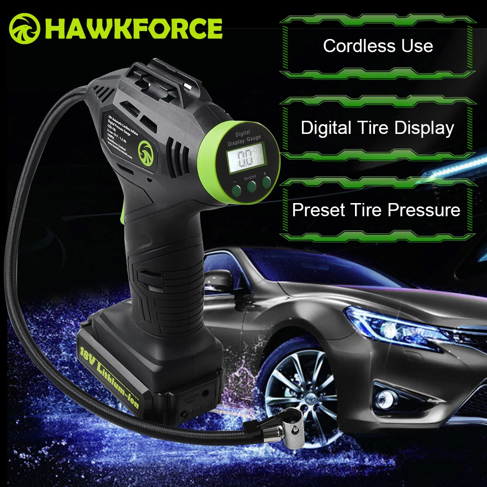 Беспроводной цифровой воздушный насос HAWKFORCE 18 в перезаряжаемый ручной