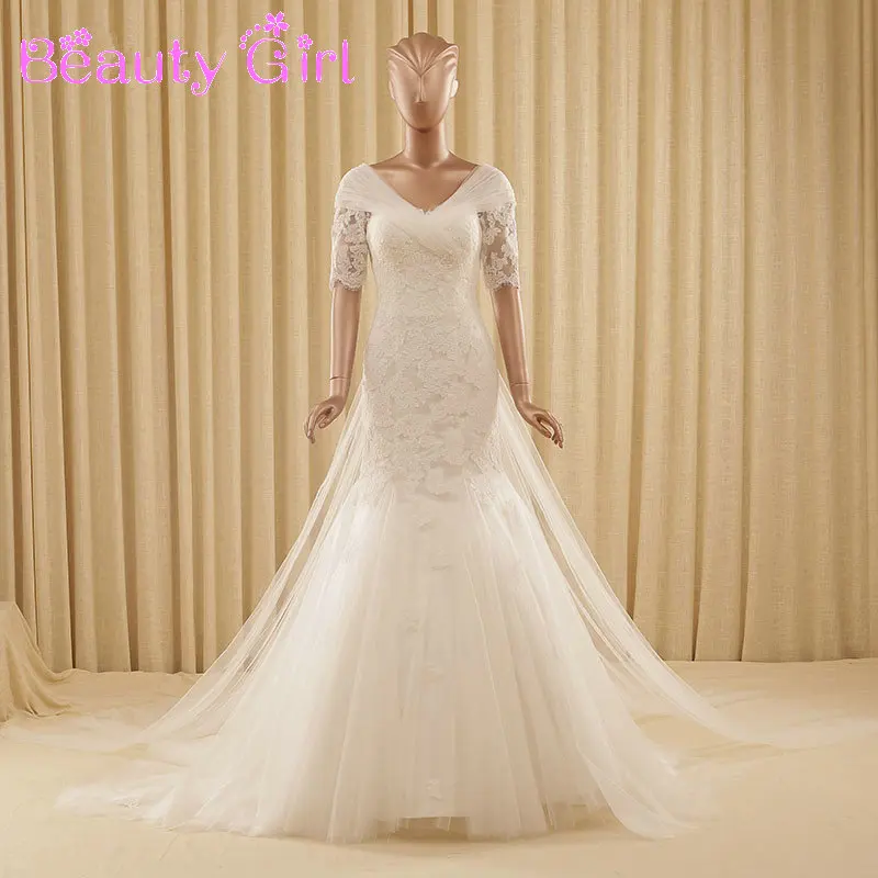 Real Photos Half Sleeve Lace Mermaid Wedding Dresses V Neck Court Train Bridal Gowns Up Back robe de mariee | Свадьбы и торжества