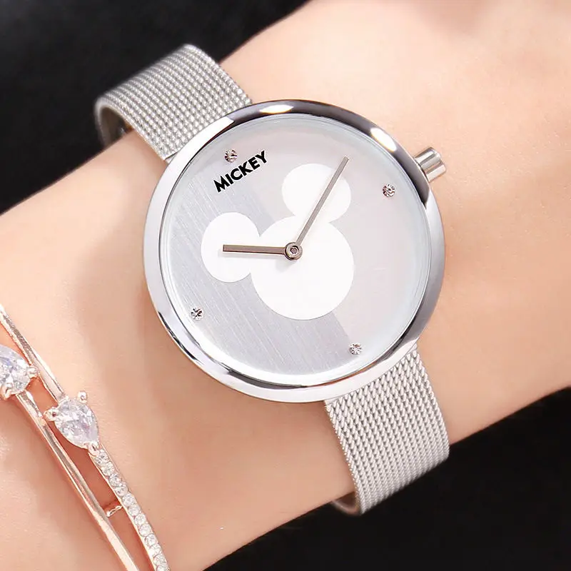 Оригинальные женские кварцевые часы с Микки Маусом, модные водонепроницаемые женские часы, женские студенческие часы, подарочные часы - Цвет: Silver