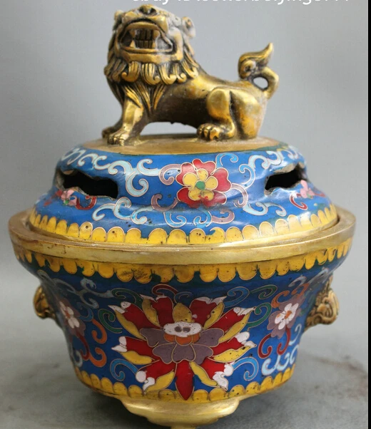 

xd 002749 Marked Chinese Cloisonne Bronze PiXiu Lion Head Statue Incense Burner Censer