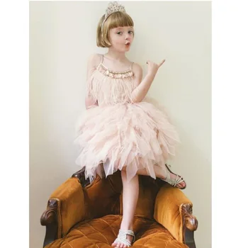 

2018 Summer Luxury Rhinestone Girl Kids Dresses Swan Feather Pageant Dress Birthday Show Costume Ball Gown Formal Dress Evening