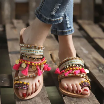 

Ethnic Style Slippers Tassel Shoes Woman Beach Zapatos De Mujer Leisure Shoes Rome Flip Flops Round Toe Slides Color Fur Slides