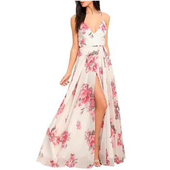 

CHGOISIO 2019 New Summer Women Dress Sexy V-neck Foral Printed Backless Caims Party Sundress Party Maxi Sundress Robe Femme 9617