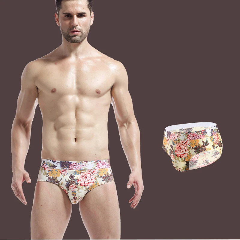 

New Summer Ultra-Thin Flower Pattern Men's Ice Silk Briefs Quick-Drying Sexy Breathable Tide Printing Antibacterial Men's Briefs
