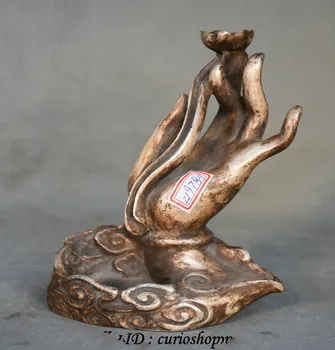 

wedding decoration 9" Rare Old Chinese Temple Silver Buddha Hand Lotus back Incense Burner Statue