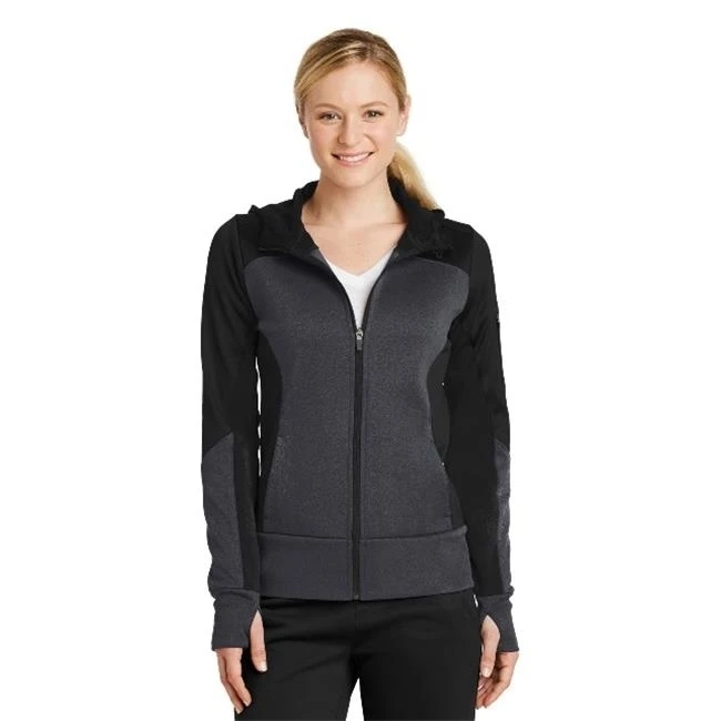 Sport-Tek LST245 Ladies Tech Fleece Colorblock Full-Zip Hooded Jacket Black Graphite Heather & Black - 4XL