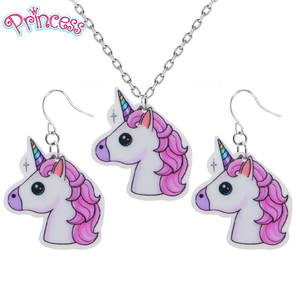 

2019 Fashion Girls Kids Gift Jewelry Little Purple Unicorn Earring Pendant Short Chain Necklace Free Shipping Xma Gift KS86
