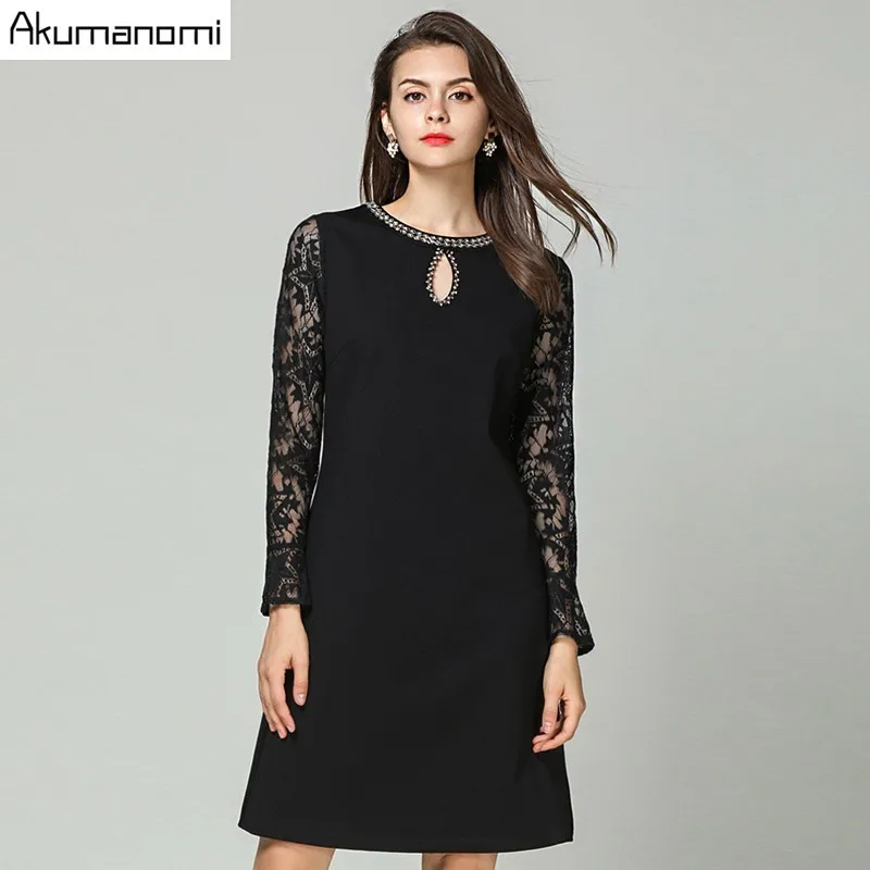 

Autumn Lace Patchwork Dress Women Clothing Hollow-out Diamonds O-Neck Flare Full Sleeve Spring Dress Plus Size 5xl 4xl 3xl 2XL-l