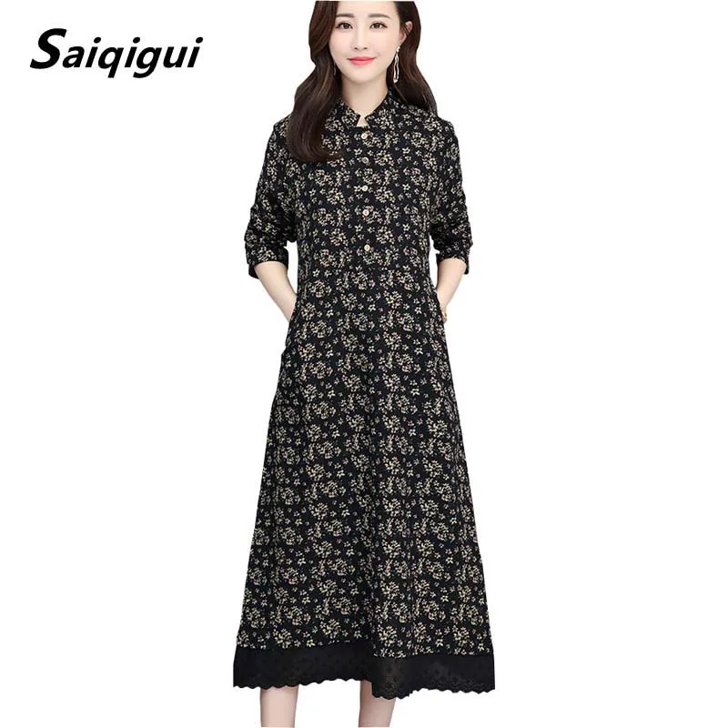 

Saiqigui 2019 spring summer dress long sleeve Korea women dress casual Loose OL large size cotton Linen dress vestidos de festa