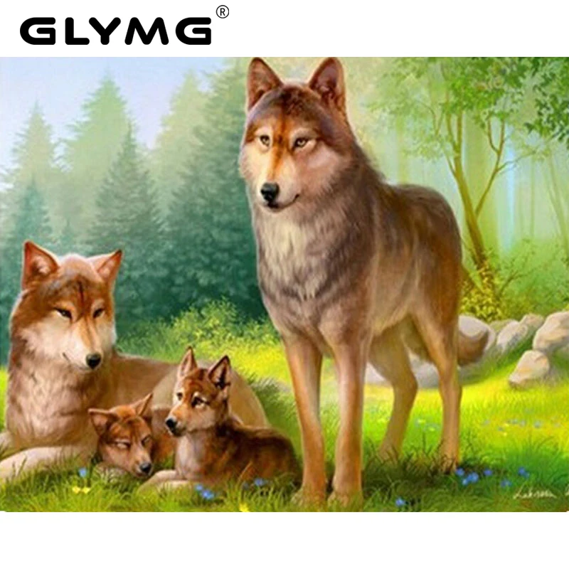 GLymg Needlework Diamond Embroidery Wolf Family Diamond Painting Cross Stitch Square Full Diamond  Animal Series Mosaic Pictures
