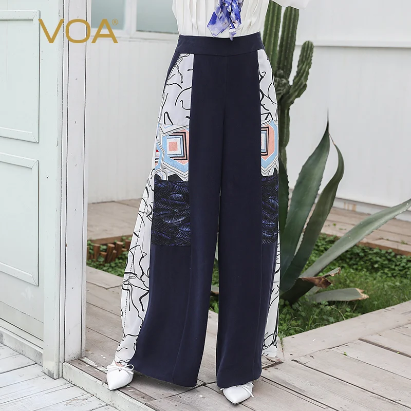 

VOA Heavy Silk Casual Long Pants Women Trousers Autumn Mid Waist Loose Palazzo Pants Large Size Contrast Color Print K596