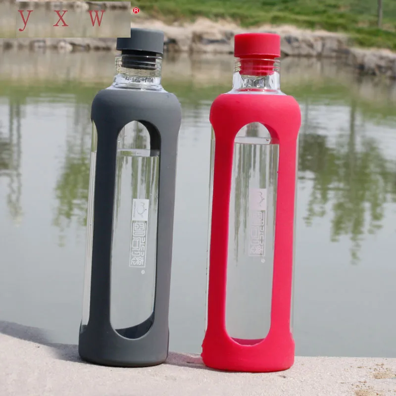 2Set/Lot Glass Sports Water Bottles with Fashion Silicone Case 550 ml