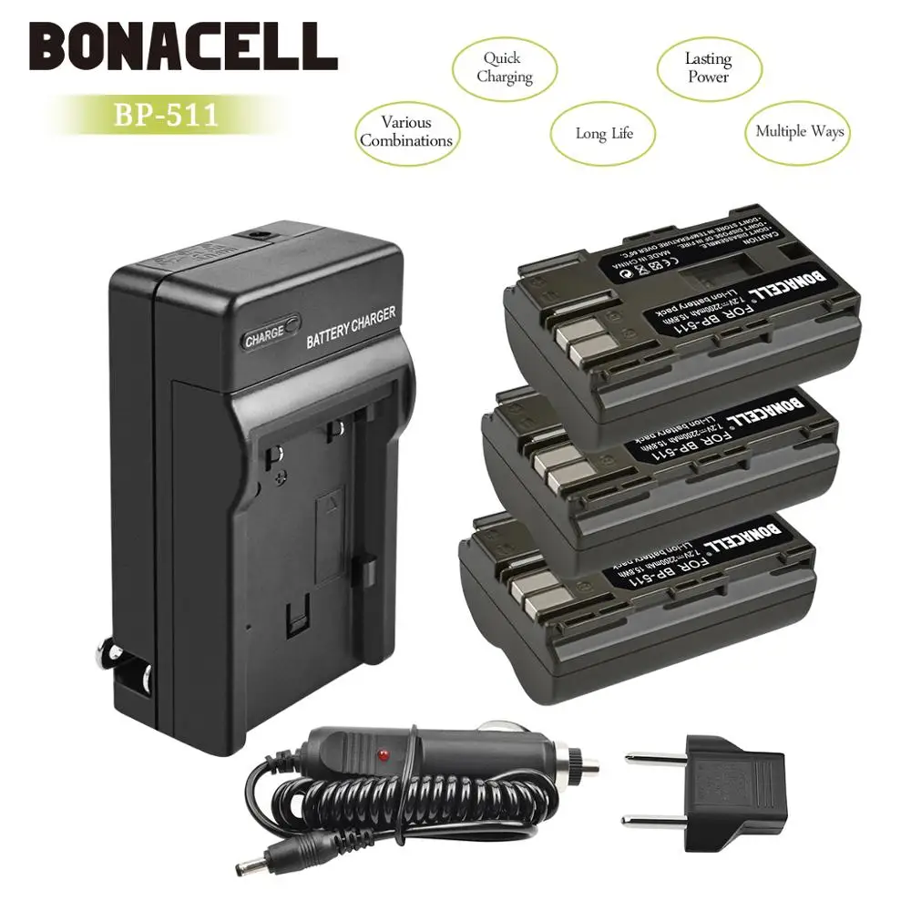 Bonacell 7,2 V 2200 мА/ч, BP-511 BP-511A BP 511A Батарея+ Батарея Зарядное устройство для цифровой однообъективной зеркальной камеры Canon EOS 40D 300D 5D 20D 30D 50D 10D G6 L10