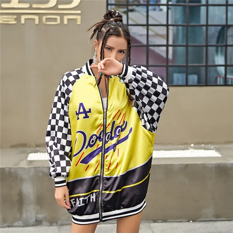 

black white plaid print yellow trench letter print long sleeve sweatshirt zip-up female spring autumn thin baisc hiphop coat