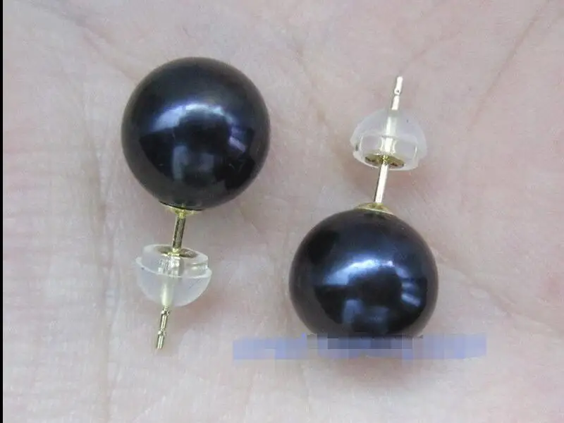 

jewerly free shipping Fashion AAA + + + 10-10.5 mm black south sea pearl earrings with 18 k