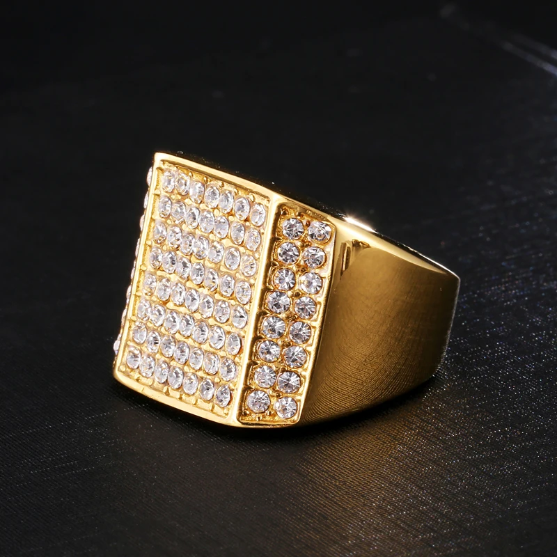 

HIP Hop Micro Pave Rhinestone Gold Color Stainless Steel Iced Out Bling Square Rings for Men Jewelry Ring Dropshipping