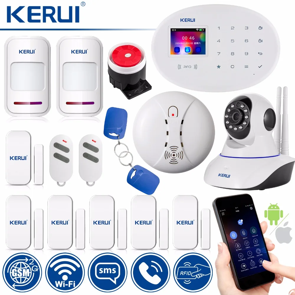

KERUI WIFI GSM RFID Card Disalarm Wireless Home Burglar Alarm Security Alarm System APP Control Motion Detector
