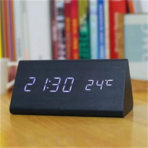 Акустический контроль календарь термометр с сигнализацией деревянные треугольные Часы светодиодный дисплей цифровые часы с секундами xyzTime-6035B-Clock - Цвет: Black clock White