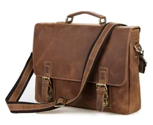 Vintage Brown Crazy Horse Genuine Leather Men’s Briefcase Men Messenger Bags Cowhide Portfolio 14” Laptop Bag #MD-J7229