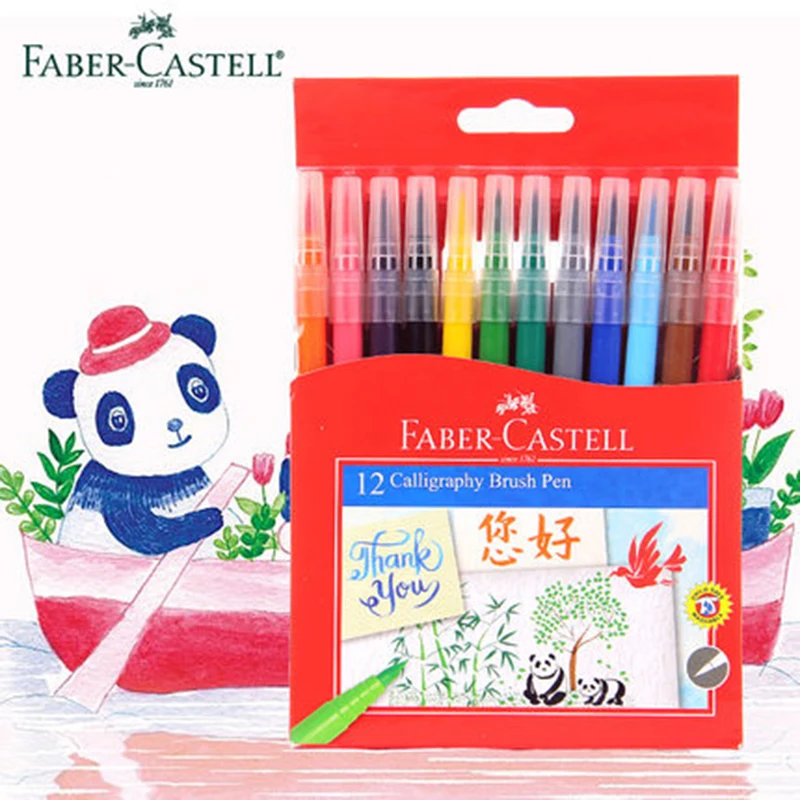 

Faber Castell 12 Colors Calligraphy Brush Markers Pen Watercolor Washable Non-toxic Real Soft Brush Tips for Blending Drawing