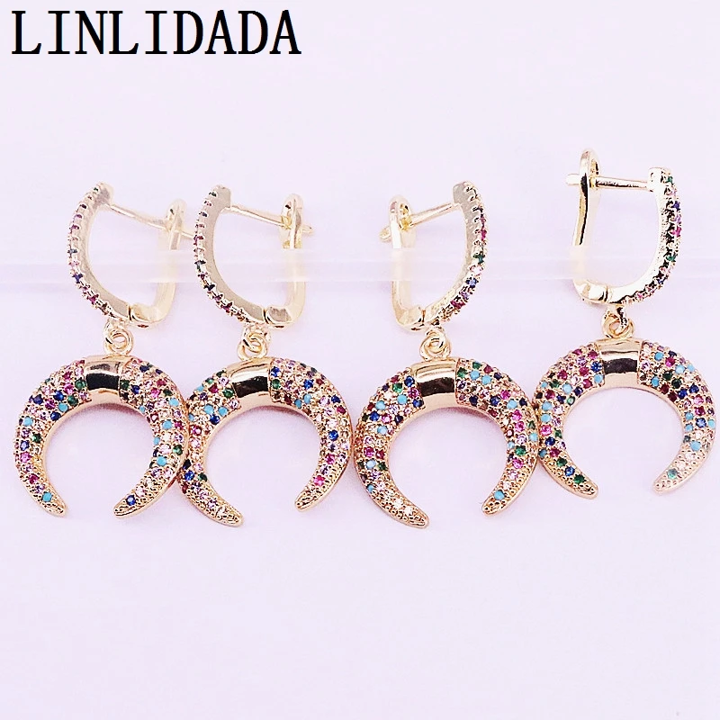 

4Pairs Fashion Jewelry Rainbow cz paved Crescent Shape gold color charm dangel earrings