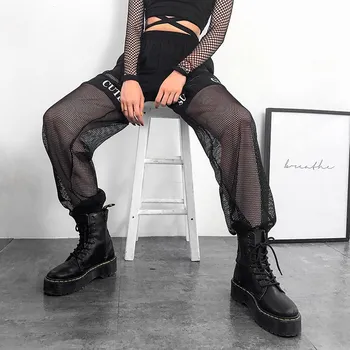 

Summer Harajuku Patchwork Mesh Pants Women Casual High Waist Trousers Loose Black Fishnet Joggers Sweatpants