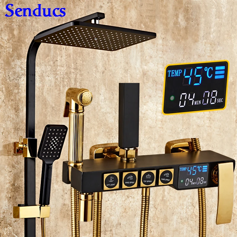 Senducs Black Gold Bath Shower Set Temperature