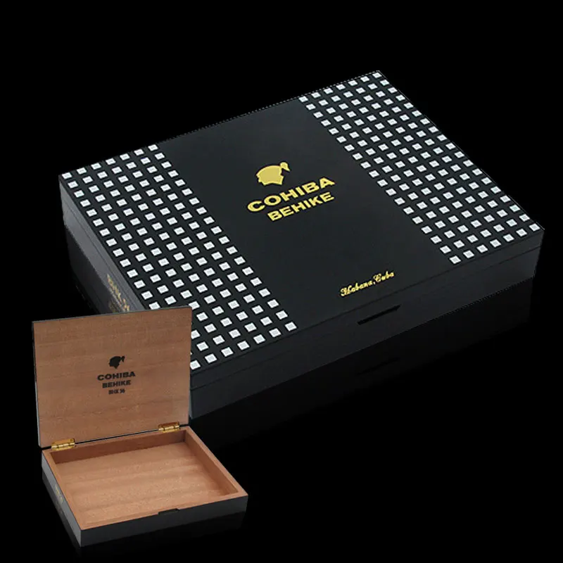 

COHIBA Elegant BEHIKE 54 Black Finish Cedar Wood Cigar Humidor Mini Storage Boxes With Velvet Bag Gift Box Portable