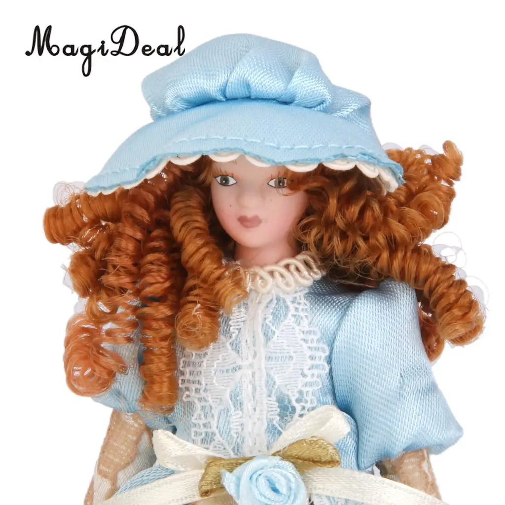 MagiDeal 1Pc 1/12 Dollhouse Miniature Porcelain Dolls Braided Hair Little Servent Girl w Stand for Bedroom Decor Kids Toy 2Kinds