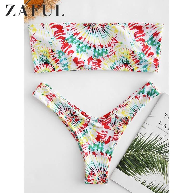 

ZAFUL Padded Tie Dye Women Bikini Set Strapless Tube Top Low Waist Brief Bathing Suit Female Summer Beach Set Swimsuit