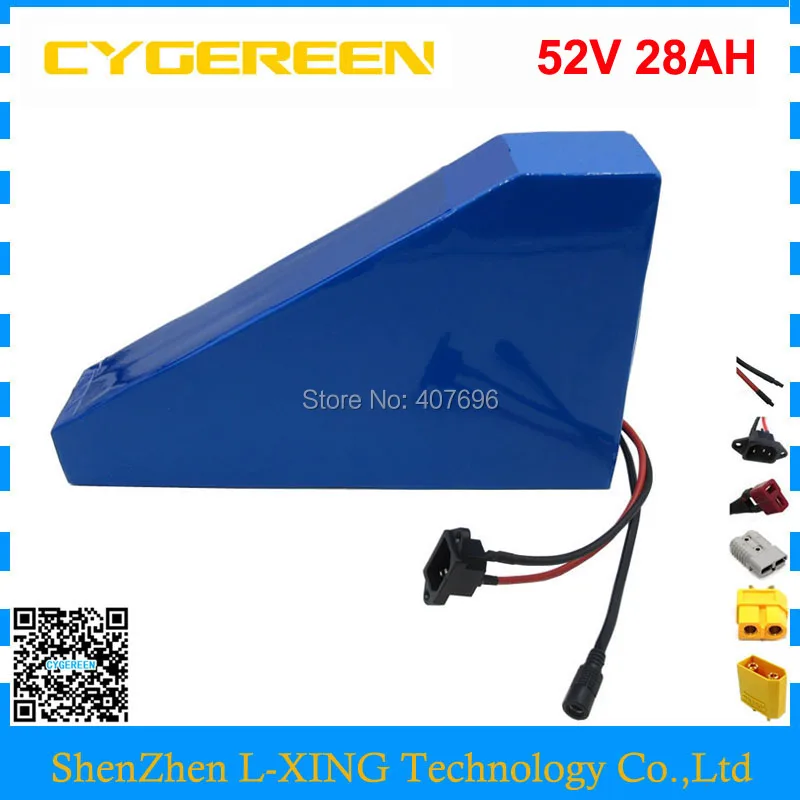 Cheap Free customs duty 2000W 52V 28AH triangle battery 51.8V Lithium ion battery pack 52 V Batteries use samsung 3500mah cell 50A BMS 3