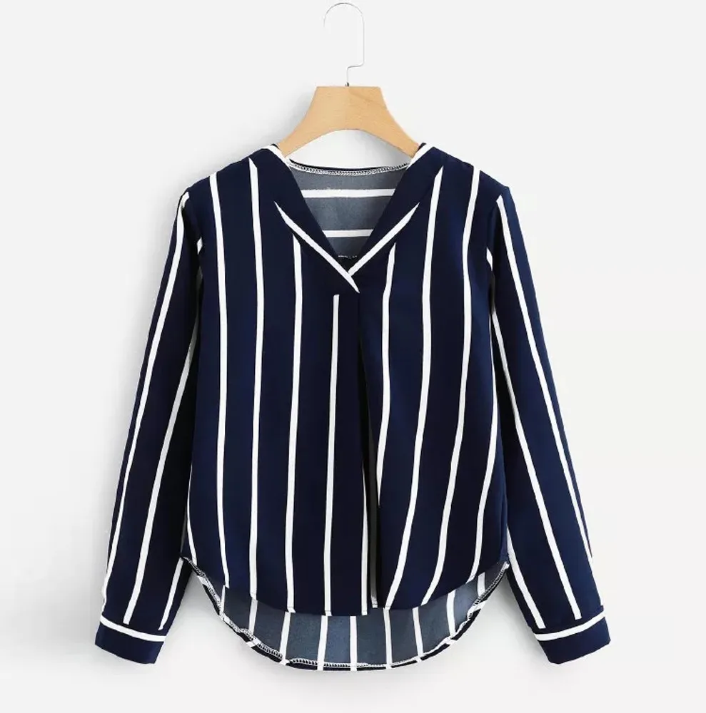 

Women Casual Autumn Long Sleeve V Neck Irregular Stripe Shirt Blouse Office Shirt Casual Tops blousewomens tops and blouses