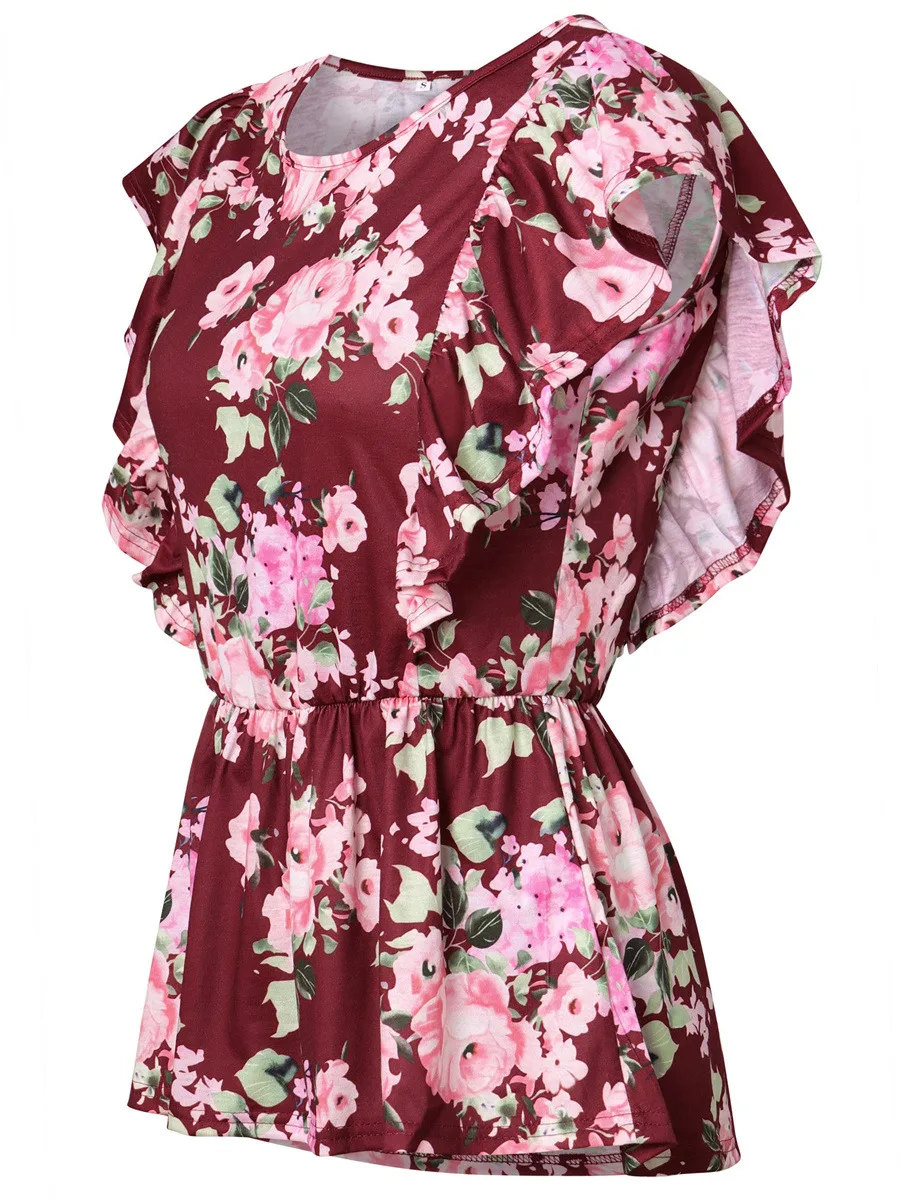 Gladiolus 2018 Floral Print Women T-Shirts O-Neck Butterfly Sleeve Blue Red Slim T Shirt Women Summer Casual Ruffled Ladies Tops (18)