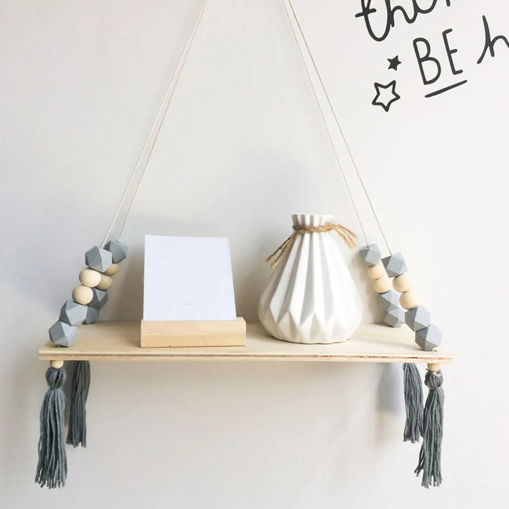 Полка для хранения в скандинавском стиле с деревянными бусинами и кисточками