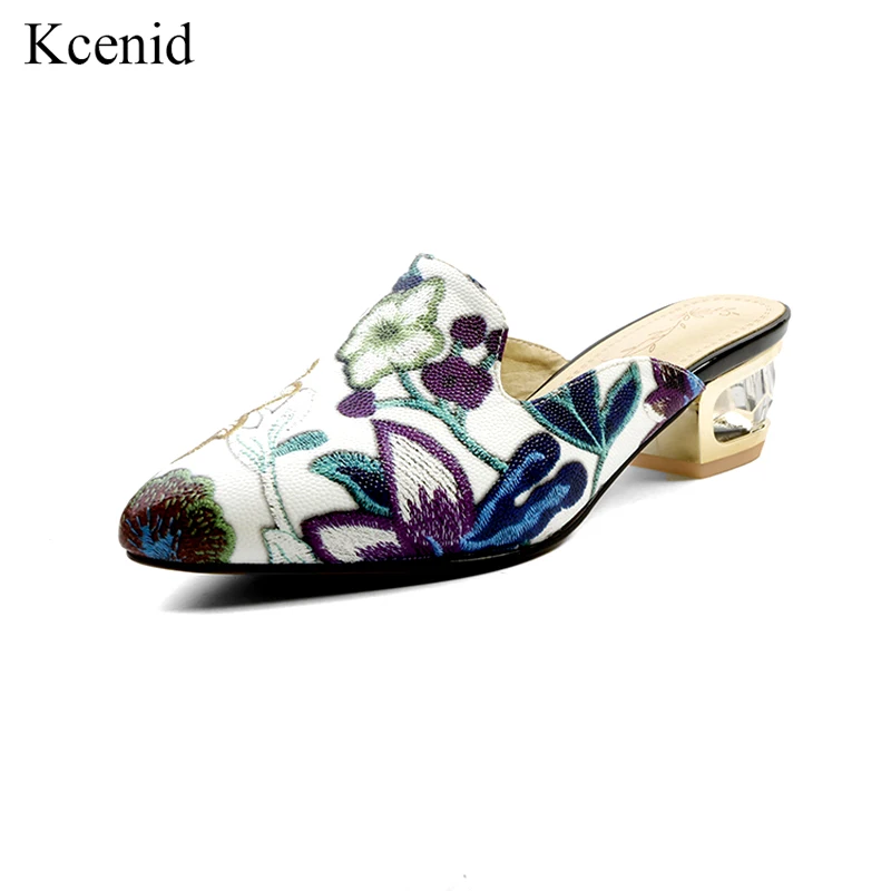 

Kcenid Flower print genuine leather mules shoes women strange heel pointed toe ladies slipper shoes plus size 33-43 spring 2019
