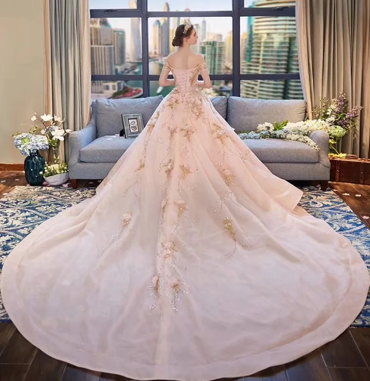 CloverBridal Румяна розового цвета один метр поезд без бретелек розовые цветы роскошное свадебное платье с кристаллами и рукавами casamento