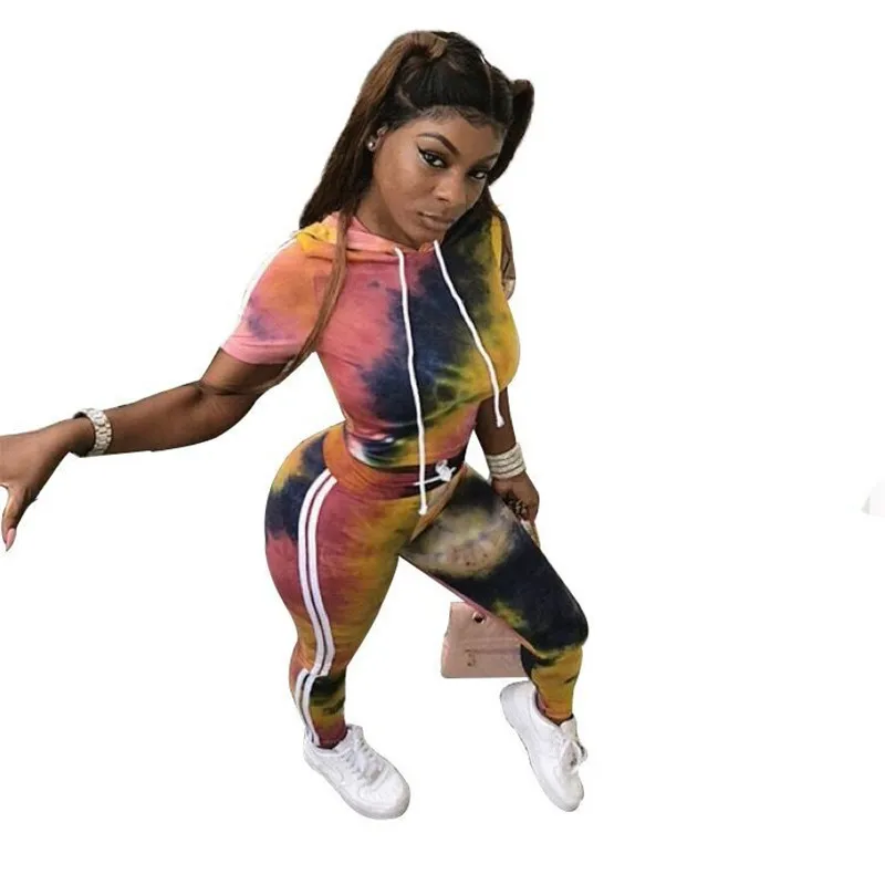

Hooded Tracksuit Women Two Piece Set Summer Tie Dye Crop Top Sweatshirt and Pants Set Side Striped Sweat Suits Women Jogger Set