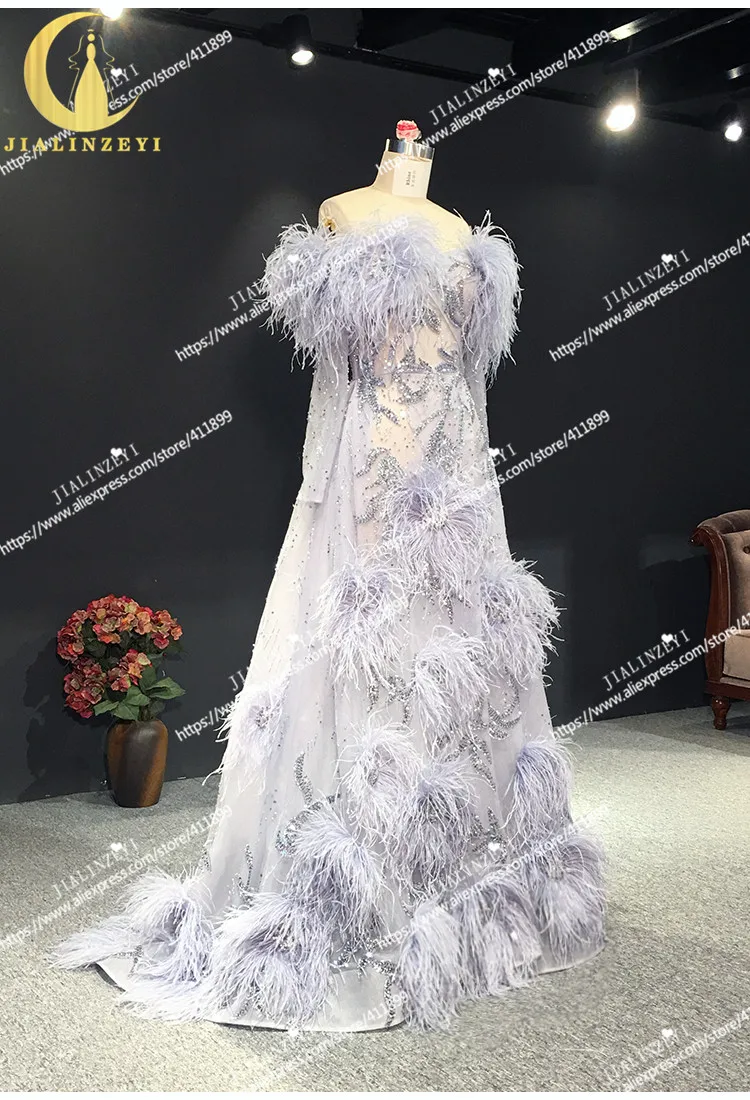 JIALINZEYI Реальный образец изображения Zuhiar Murad Фиолетовый Длинные рукава с плеча Бисер с перьями от платья вечерние платья