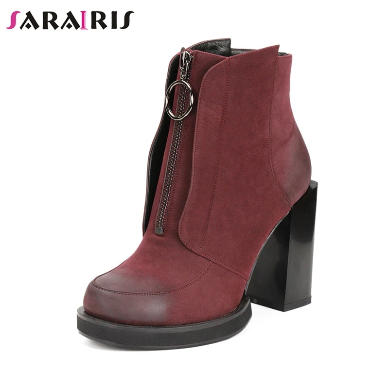 

SARAIRIS New Fashion Large Size 35-41 Hot Sale Zip Up Ankle Boots Woman Shoes Square High Heels Platform Shoes Woman Boots