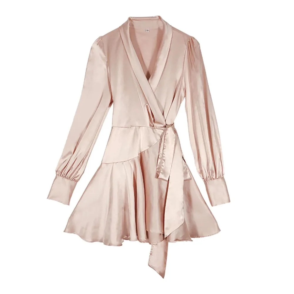 

KENVY Brand Fashion Women High-end Luxury Autumn Sexy Elegant Spring Silk Satin Strap Temperament V-neck Dress