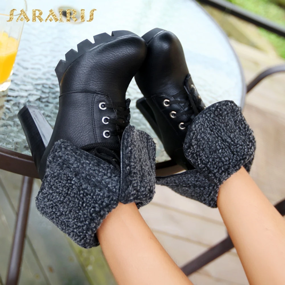 

SARAIRIS New plus Size 33-43 Lace Up Platform Women Shoes Woman Boots Chunky High Heels Ankle Boots Woman Shoes