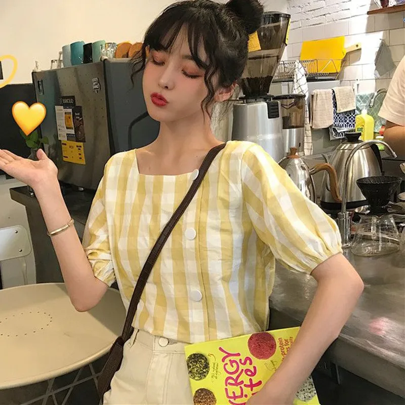 

Fashion New Women Blouse Korean squre collar Short Sleeve shirt Femme Casual Plaid wild short Blouses Women's New Blusa Shirts