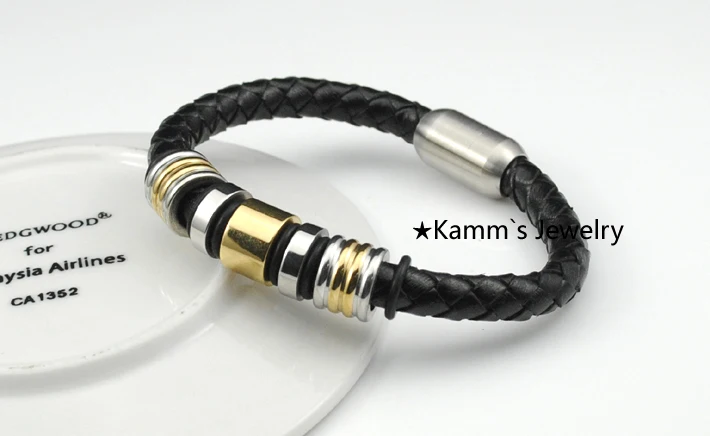 Pulseira черный нержавеющей стальной кожаный браслет ювелирные изделия из веревки высокого качества KB451