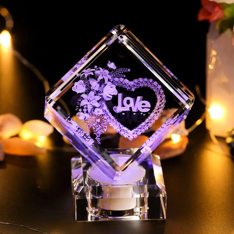 Ручной работы прекрасная роза 3D лазерная гравировка кристалл блок стекло Led гравировка куб с поворотной музыкальной базой для рождественского подарка - Цвет: Love(Crystal Base)