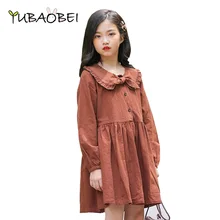 Хлопковое льняное платье Новинка года, осеннее платье принцессы с бантом детская одежда коричневое однотонное платье с длинными рукавами в Корейском стиле для больших девочек