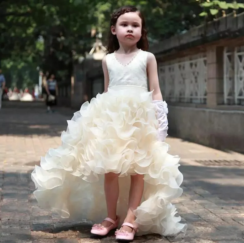 Платья с цветочным узором для девочек с высоким низким подъемом платье для первого причастия из органзы с оборками и v-образным вырезом