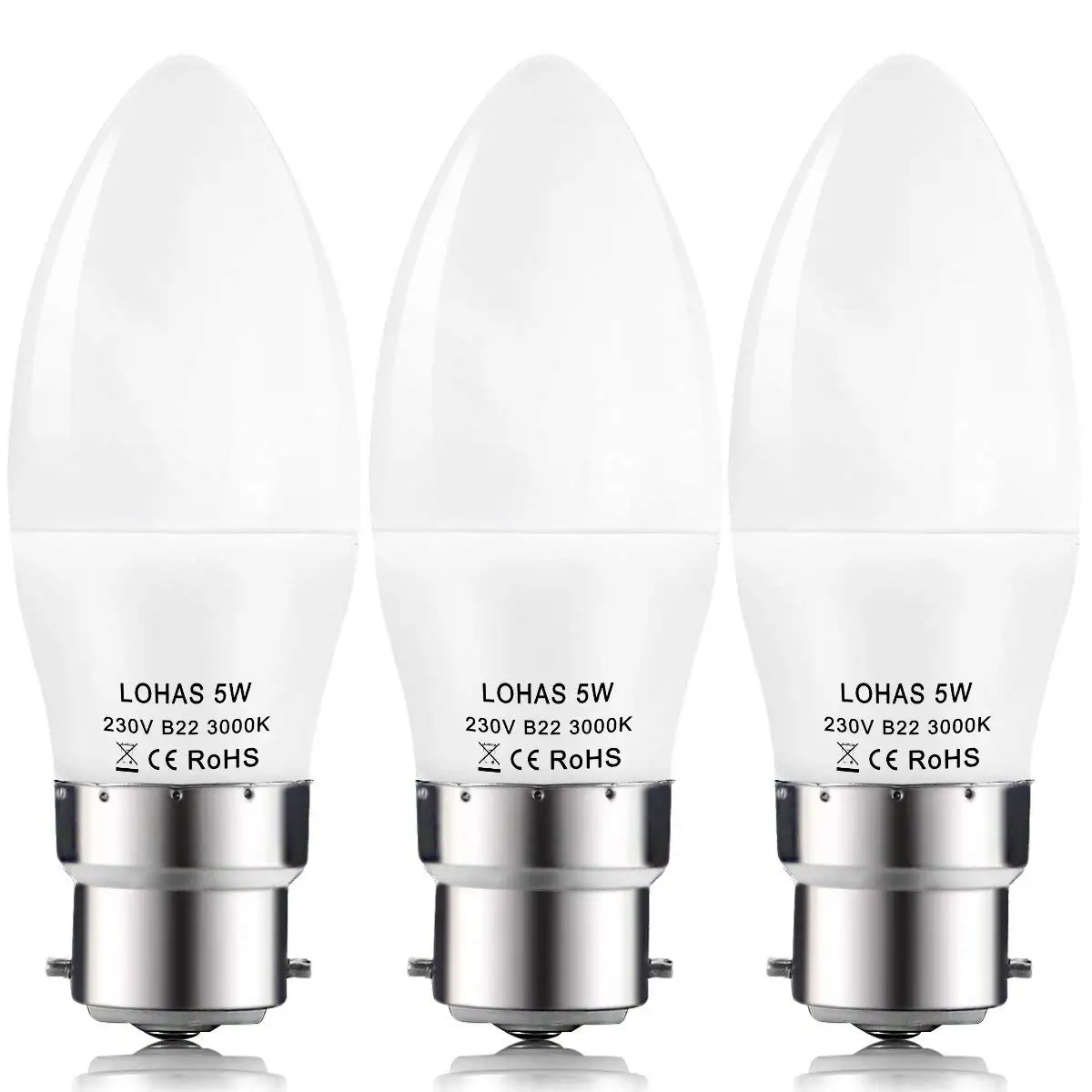 

Bayonet LED Candle Bulbs 5Watt B22 40Watt Incandescent Bulb Equivalent Day White 3000/6000K 480lm Non Dimmable Light Bulbs-3Pack