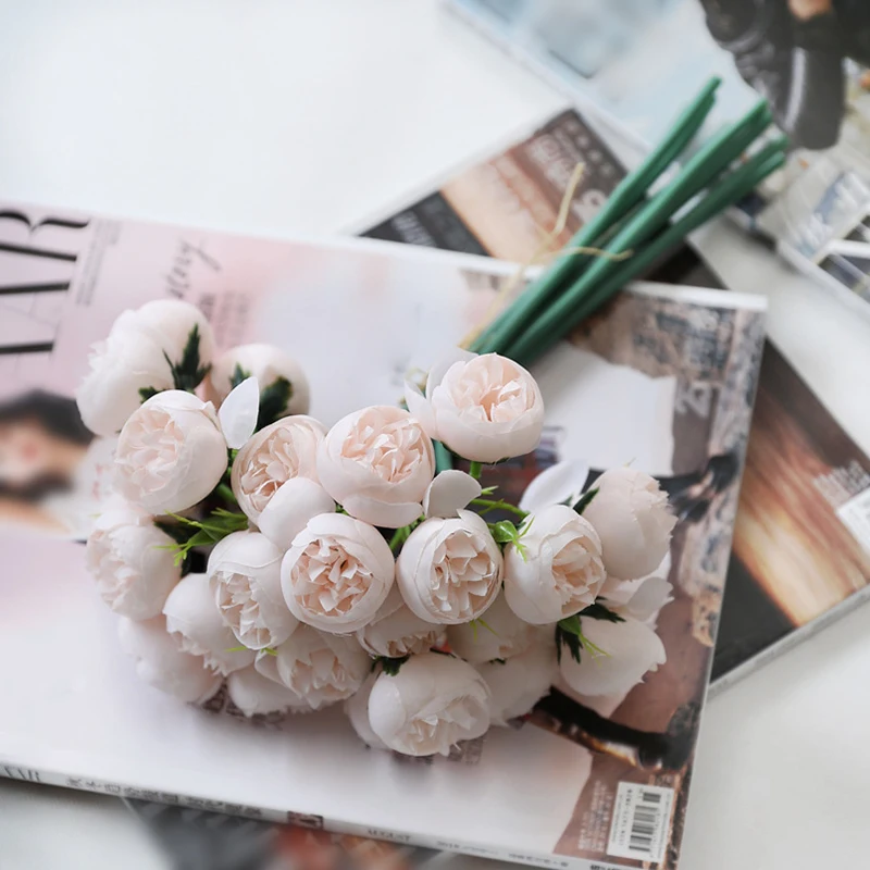Искусственный шелк 27 голов чайная роза цветок букет домашний отель украшение стола искусственный цветок для свадьбы невесты держа цветочный букет - Цвет: Розовый